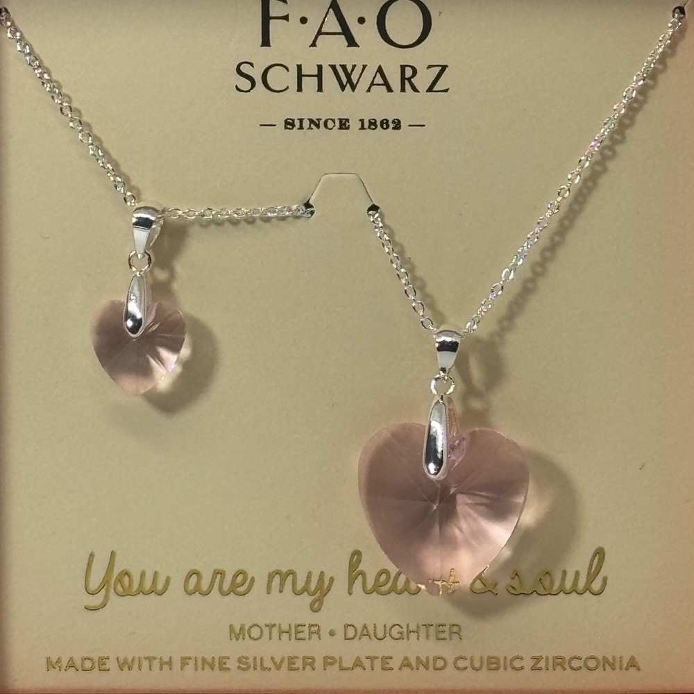 FAO Schwarz Fine Silver Pink Crystal Heart Pendant 2 Pc Necklace Set